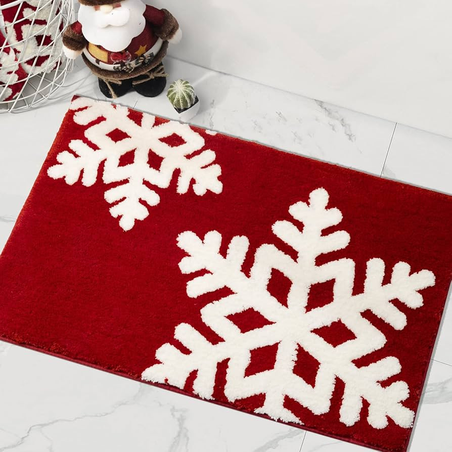 Christmas Bathroom Decor Red Bathroom Rugs Cute Bath Mat Non-Slip White Snow Christmas Home Decor... | Amazon (US)