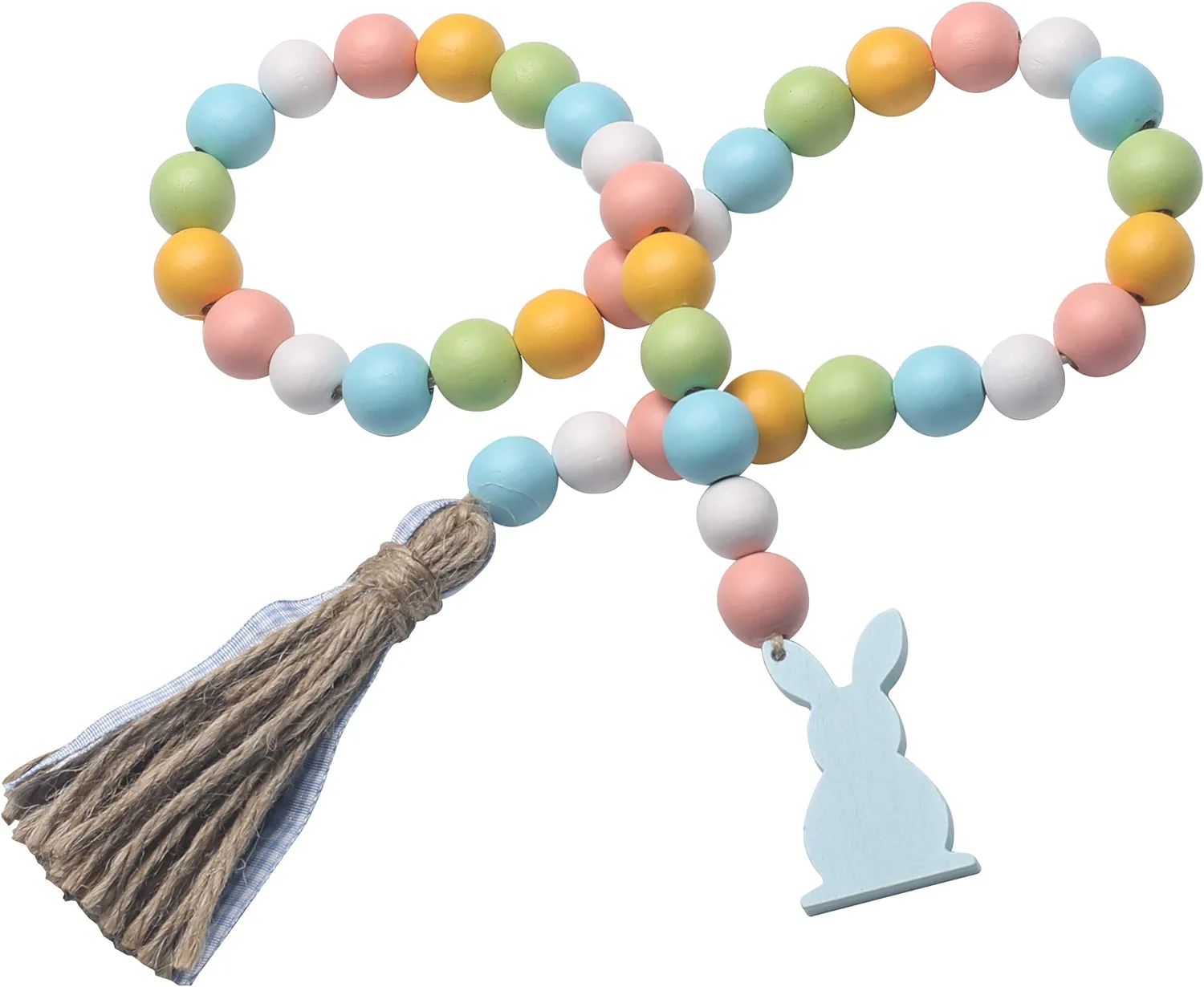 Spring Wood Bead Garland with Tassels and Bunny Tag Farmhouse Rustic Colorful Wooden Beads for Ti... | Amazon (US)