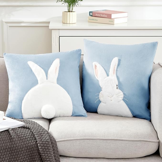 Pack of 2 Spring Easter Pillow Covers 18x18 Inch,3D Embroidered Bunny Rabbit Pillowcase Throw Cov... | Amazon (US)