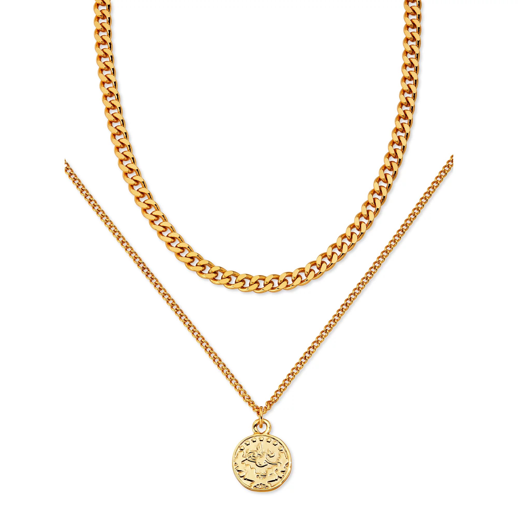 Scoop 14KT Gold Flash Plated Brass Layered Coin Necklace, 16.5" + 3" Extender | Walmart (US)