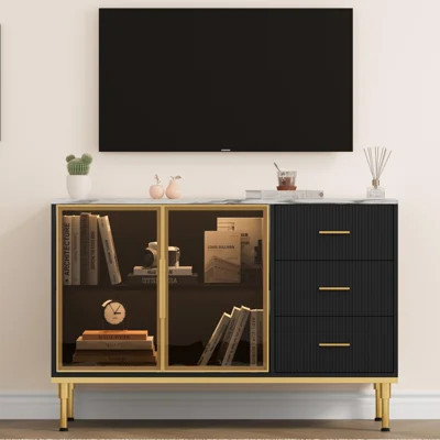 46.4" Buffet Sideboard Cabinet with Fluted Design, Glass Doors & 3 Drawers for Dining Room | Wayfair North America