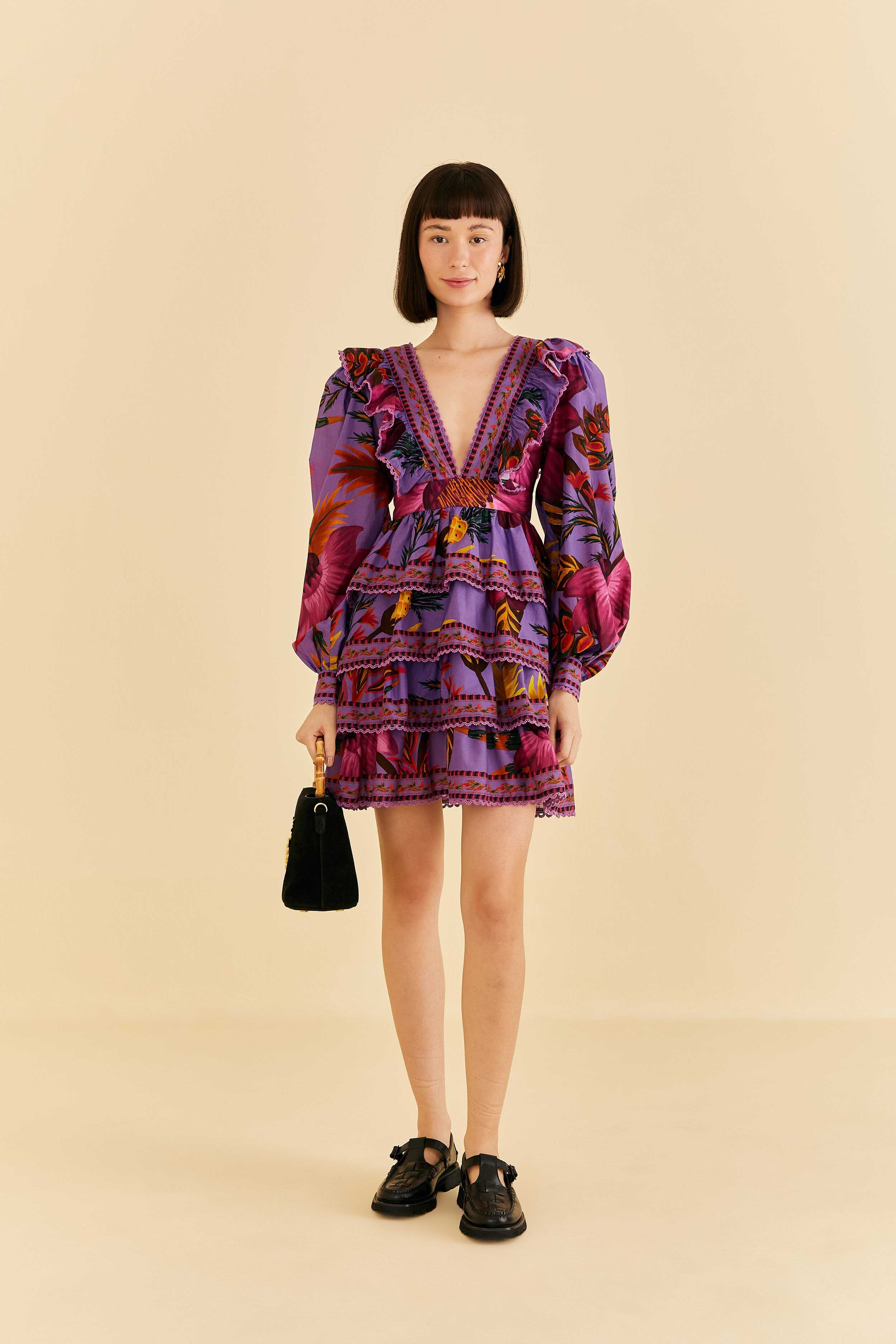 purple maxi flowers mini dress | FarmRio (US)