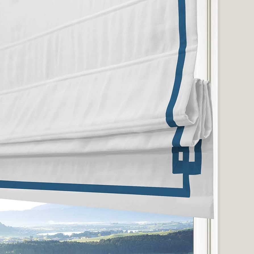 Roman Shades Window Shades, Blackout Light Filtering White with Navy Greek Key Ribbon Custom Flat... | Amazon (US)