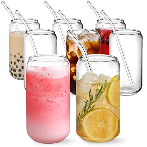 NETANY [ 8pcs Set ] Drinking Glasses with Glass Straw - 16oz Can Shaped Glass Cups, Beer Glasses,... | Amazon (US)