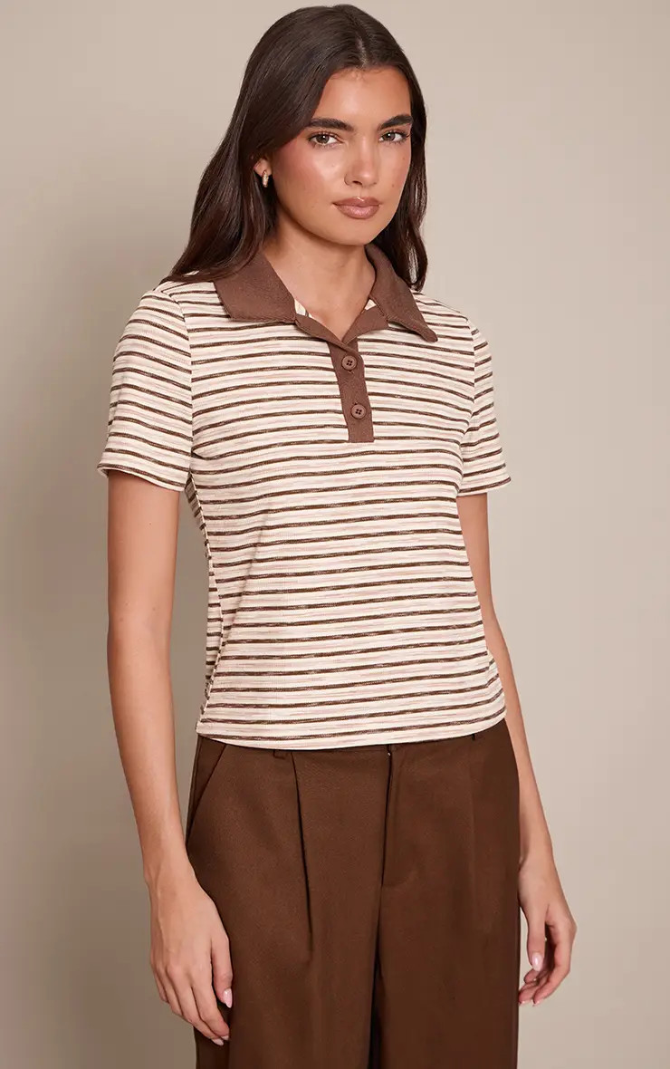 Light Brown  Soft Rib Striped Detail  Collared Short Sleeve Top | PrettyLittleThing US