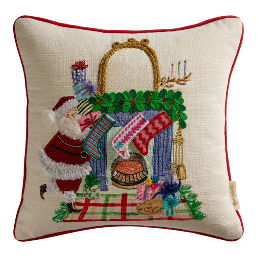 Santa Fireplace Scene Embroidered Beaded Throw Pillow by World Market | World Market