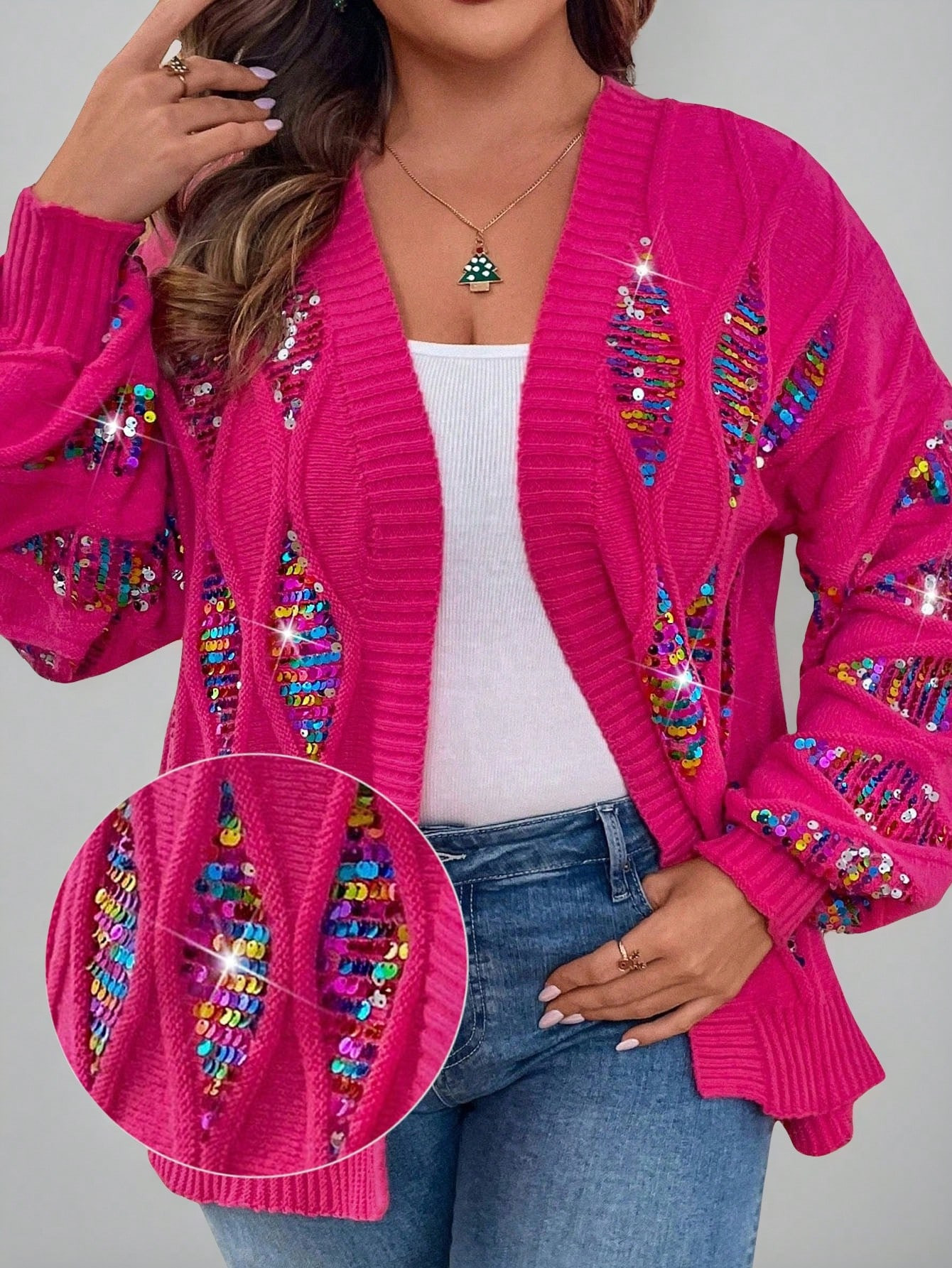 EMERY ROSE Plus Size Women Fuchsia Twist Rope Colorful Sequin Patchwork Loose Comfortable Casual ... | SHEIN