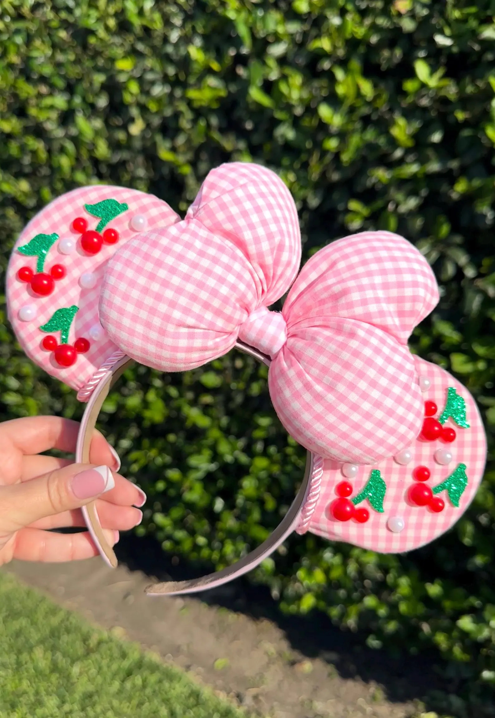 Cherry Minnie Ears, Pink Gingham Bow – Coquette Cherries Mickey Ears Headband with Pearls | Etsy (Global)