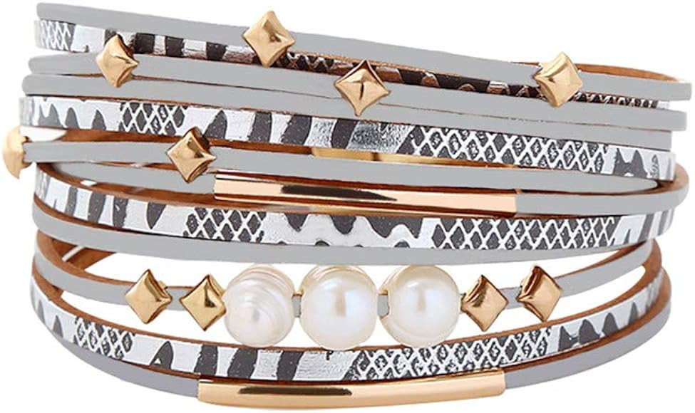 Artilady Leather Wrap Bracelet for Women - Handmade Clasp Bangle Bracelet with Pearl Druzy Crysta... | Amazon (US)