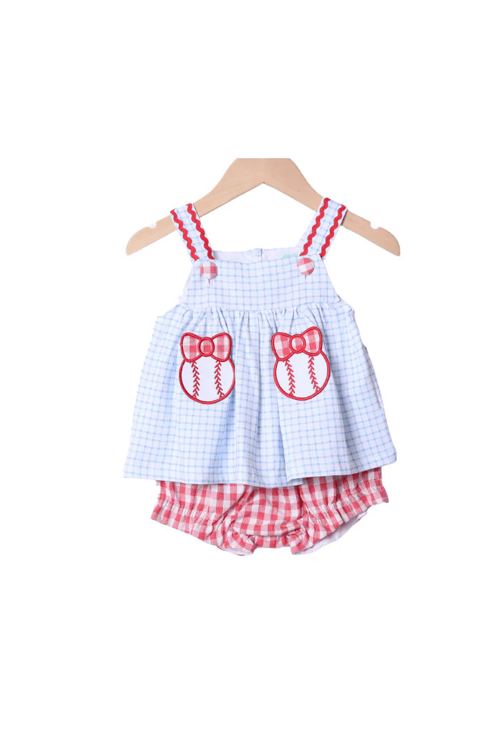 Baseball Bow Applique Knit Bloomer Set | The Smocked Flamingo