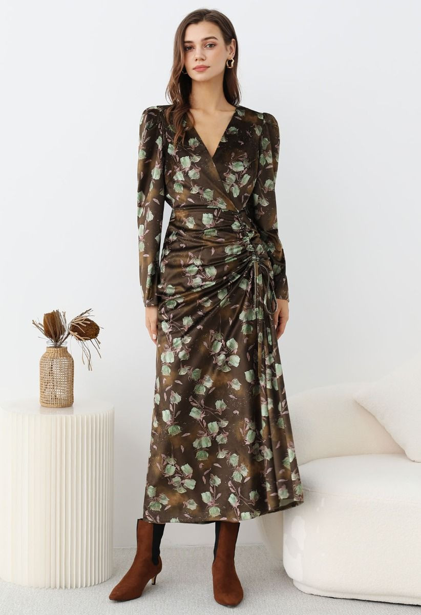 Rosy Elegance Drawstring Wrapped Velvet Maxi Dress in Green | Chicwish
