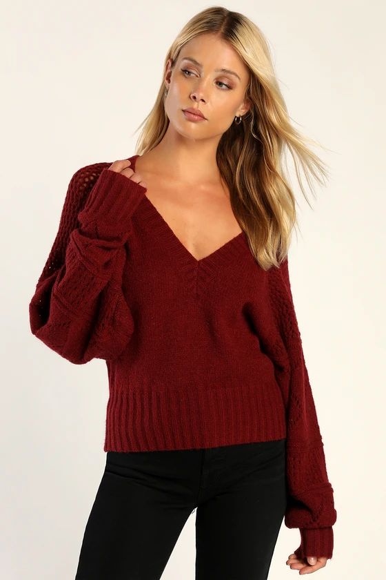 Trend Maker Burgundy Pointelle Knit V-Neck Sweater | Lulus (US)