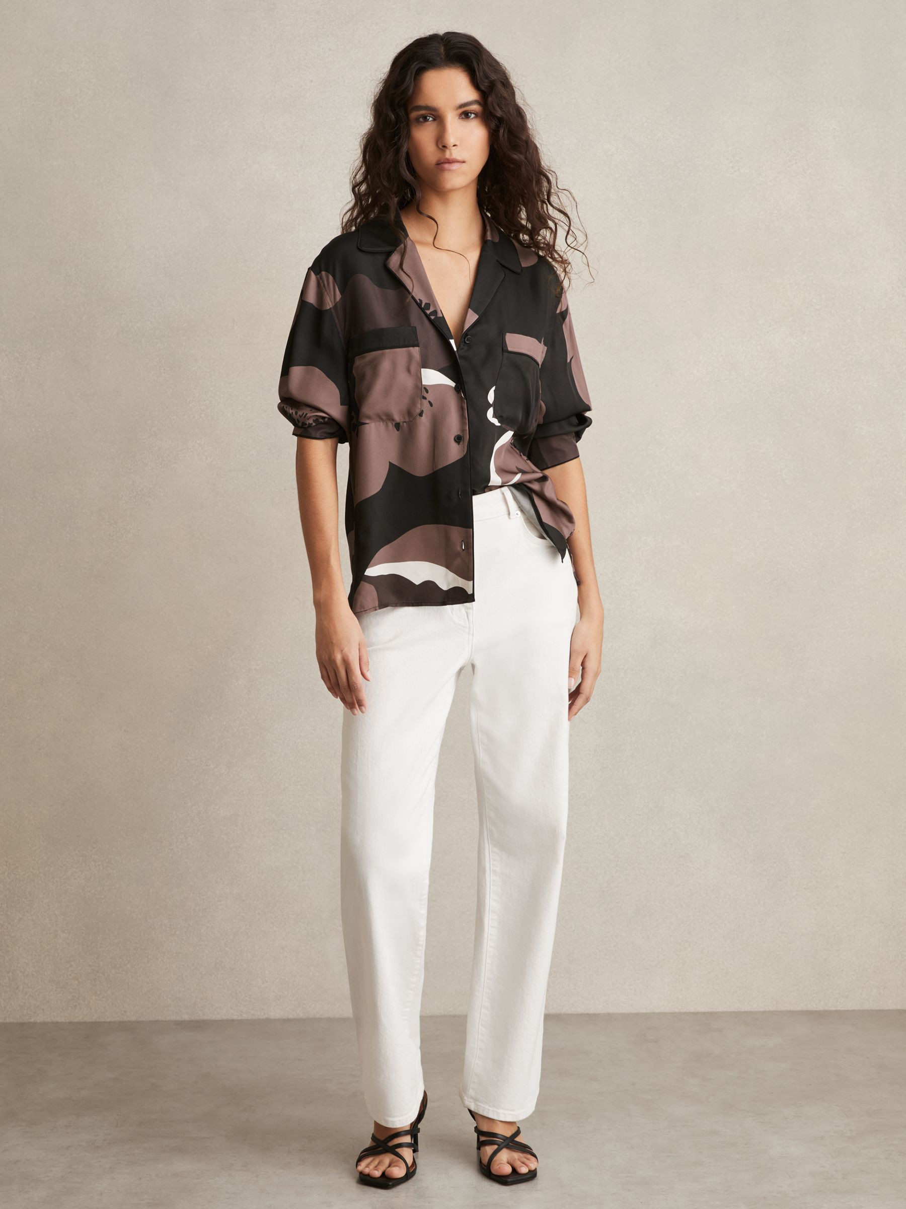 Reiss Floral-Print Long-Sleeve Shirt in Black/Brown - REISS | Reiss UK