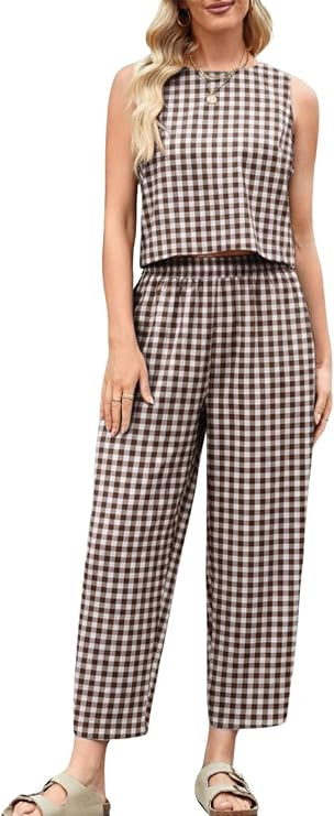 Womens Cotton Gingham 2 Piece Outfit Summer Tank Top Pants Matching Casual Beach Lounge Set | Amazon (US)