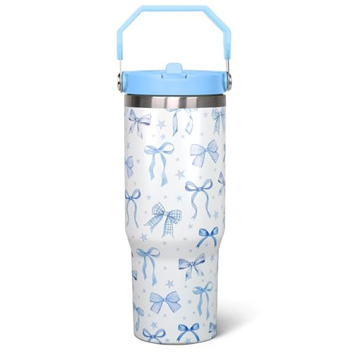 qwpmvhsak 30 Oz Blue Bow Flip Tumbler With Lid and Straw, Coffee Travel Mug, Blue Bow Gifts for Women Girls, Bow Home Decor | Amazon (US)