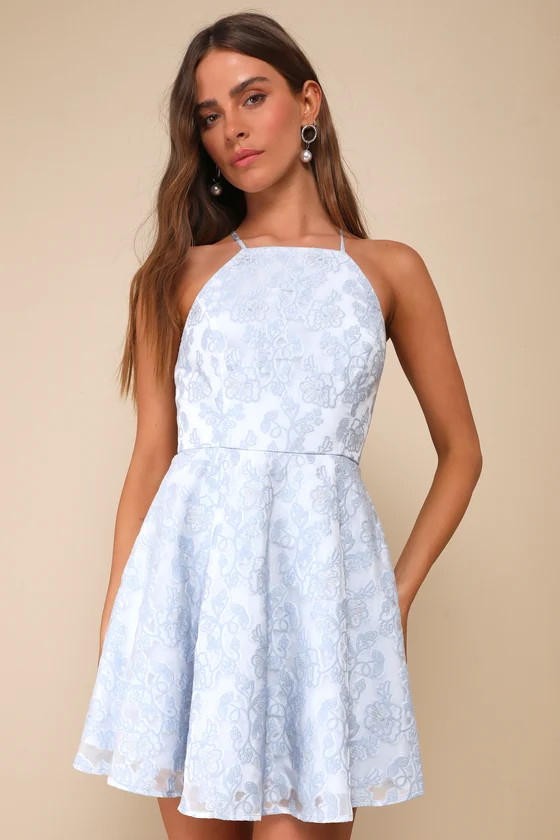 Pleasantly Darling Blue Jacquard Floral Backless Mini Dress | Lulus