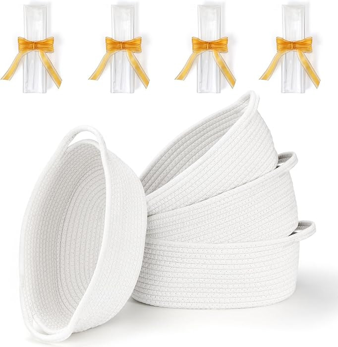 4 Pack Small Woven Basket with Handles, All 12"x 8"x 5", Cotton Rope Room Shelf Storage Basket, C... | Amazon (US)