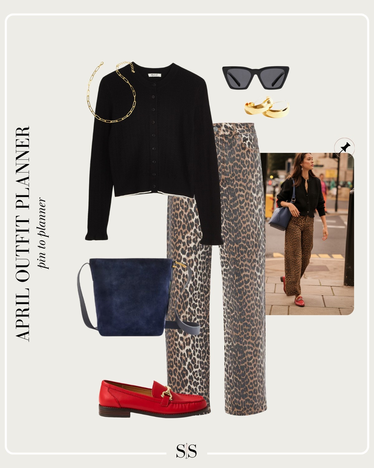 Monthly outfit planner APRIL: Spring transitional looks, pin to planner outfit inspo | leopard jean, black cardigan, red loafers, navy tote 

#springoutfit #casualoutfit 

Image credit: Pinterest


#LTKStyleTip