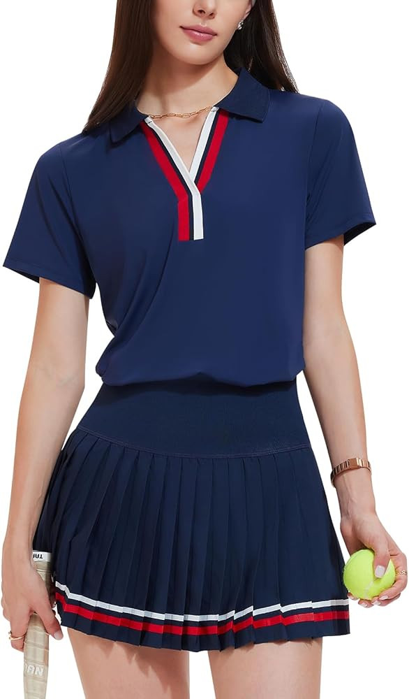 Women 2 Piece Pleated Tennis Skirt Set Polo V-Neck Golf Outfit Pickleball Athletic Dress with Bui... | Amazon (US)