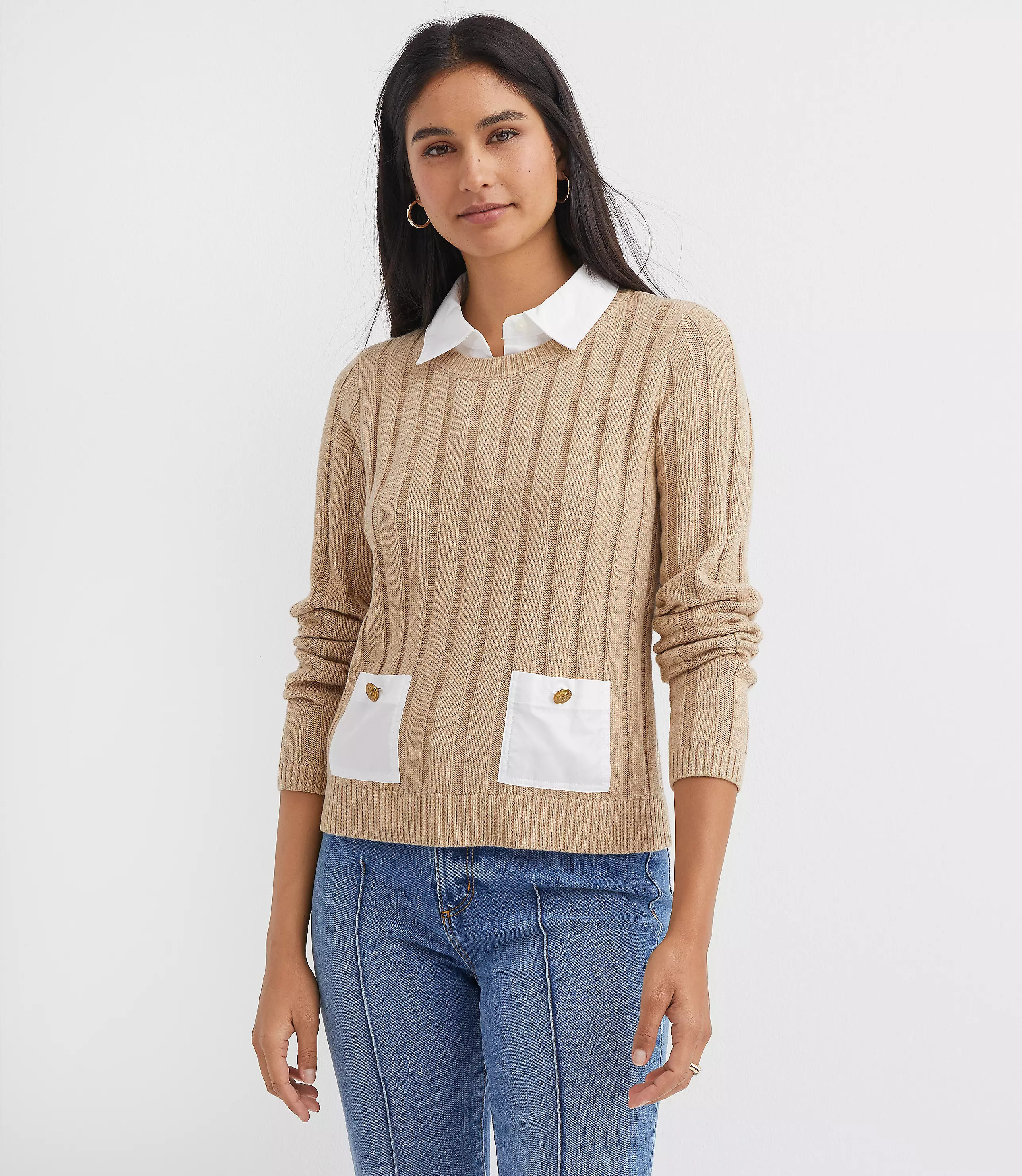 Petite Ribbed Mixed Media Pocket Sweater | LOFT