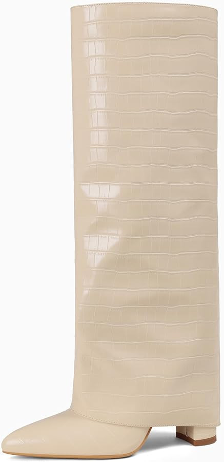 Lyrisiphy Knee High Slouchy Boots Women Fold Over Chunky High Heeled Wide Calf Boots Pointed Toe ... | Amazon (US)