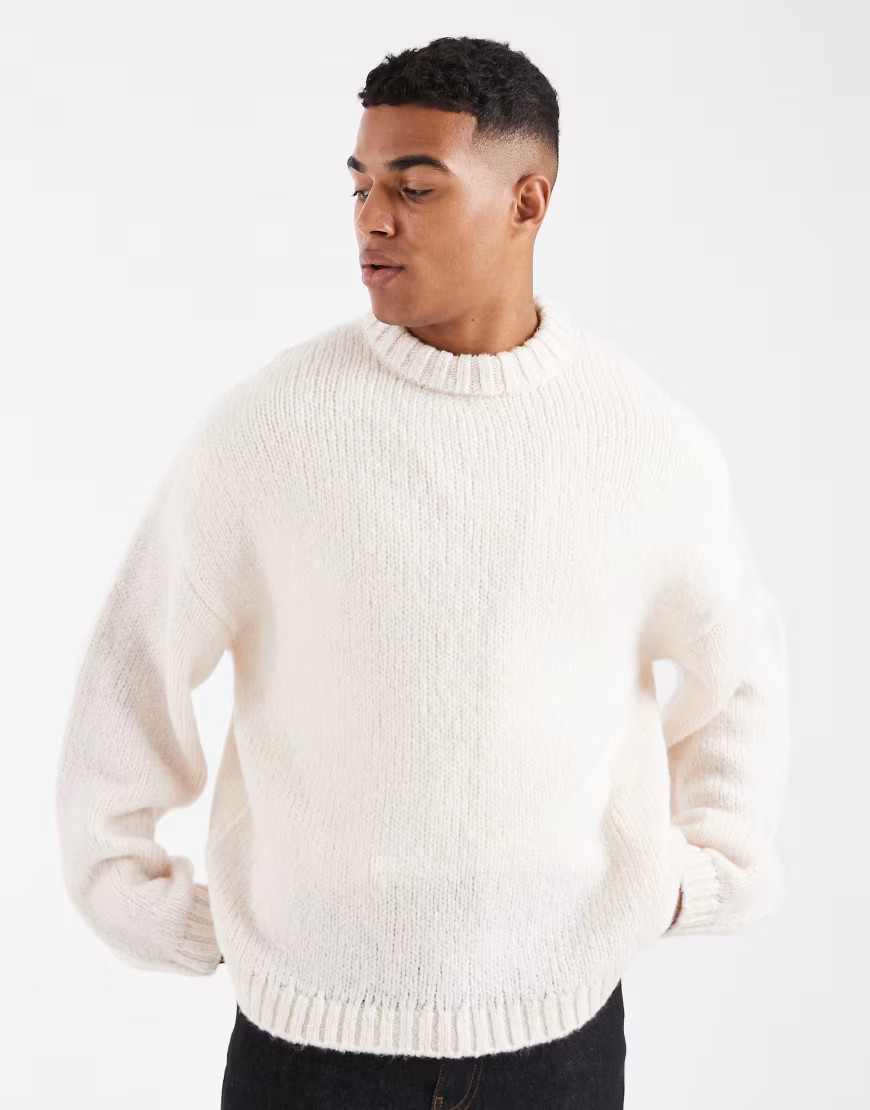 Jack & Jones oversized crew neck fluffy yarn sweater in cream-White | ASOS (Global)