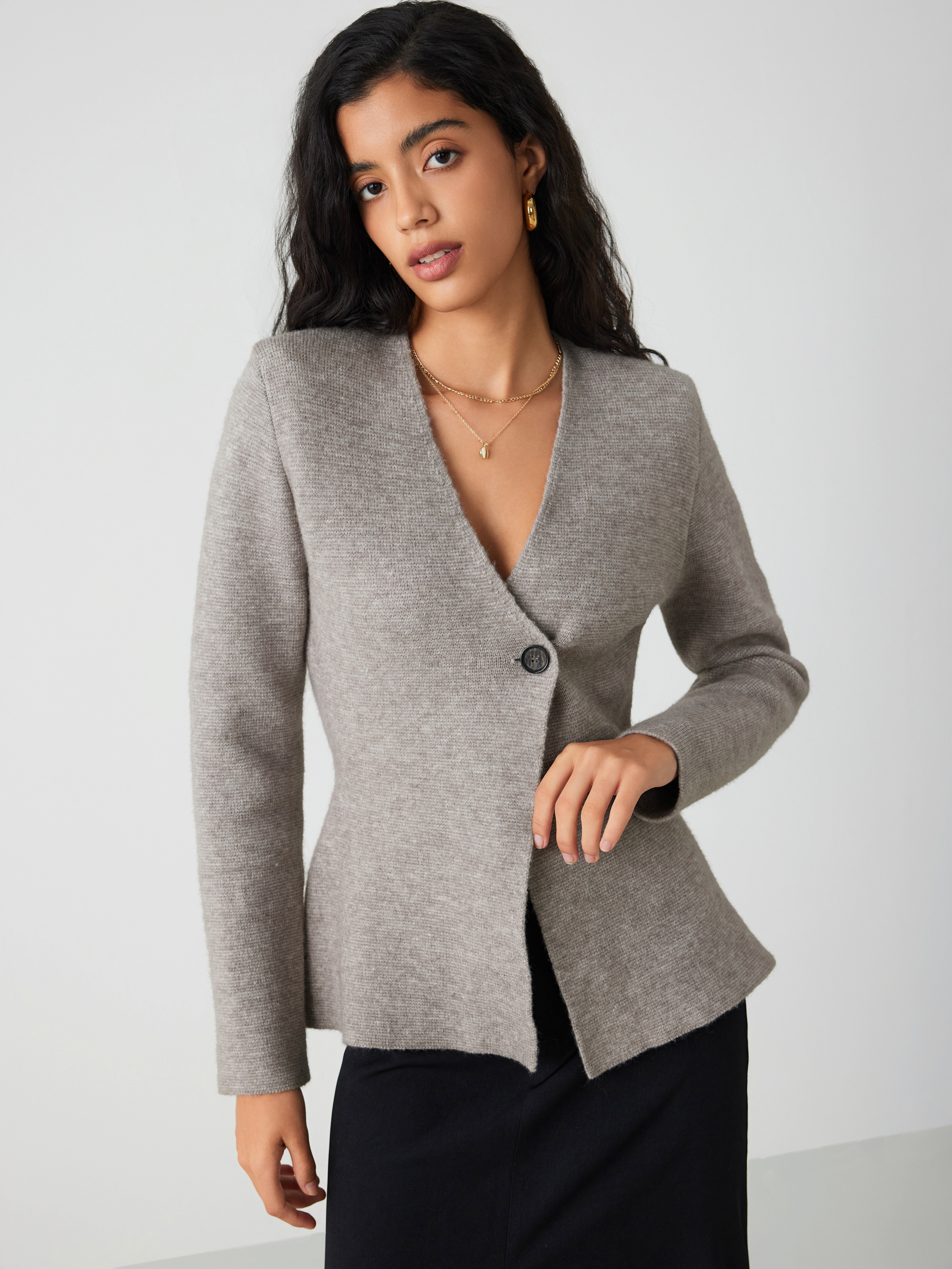 Knit Fabric Knit V-neck Solid Button Cardigan For Coffee Shop Work | Cider