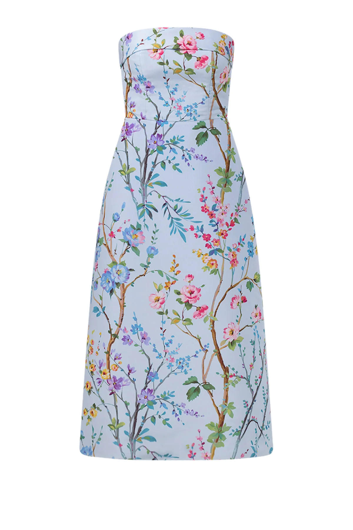 Lucie Garden Reverie Silk Faille A-Line Midi Dress Light Blue Floral | Over The Moon