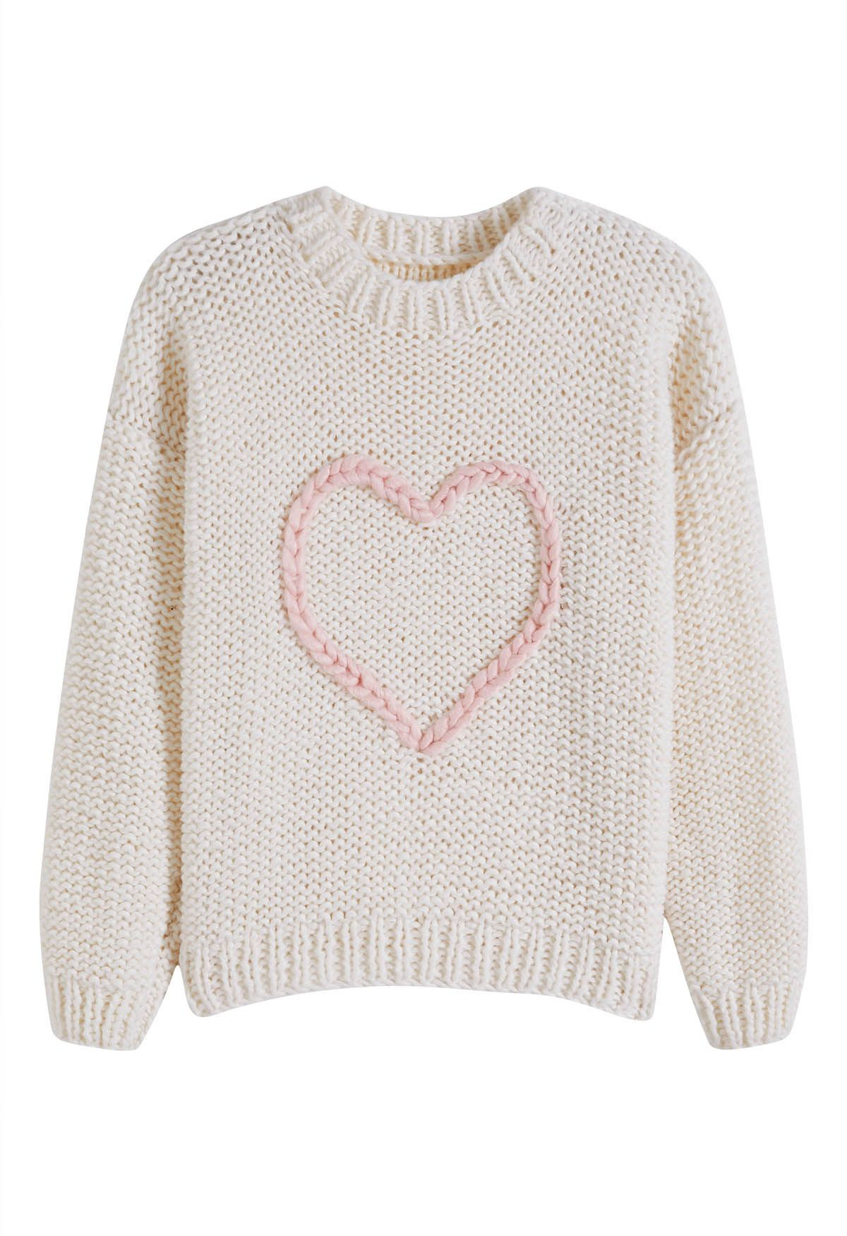 Statement Pinky Heart Chunky Hand Knit Sweate in Ivory | Chicwish
