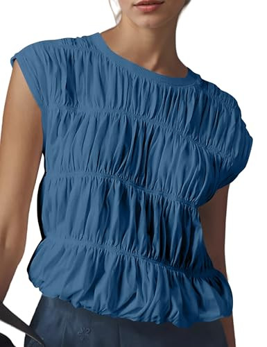 MISSACTIVER Women's Cute Tiered Shirred Bubble Top Solid Casual Crew Neck Cap Sleeve Tank Top Babydoll Tee Shirt Blouse Tops Blue | Amazon (US)