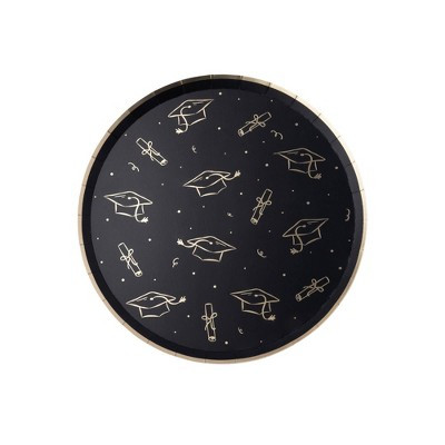 Bonjour Fete 12ct Graduation Hat Dinner Paper Plates Black and Gold | Target