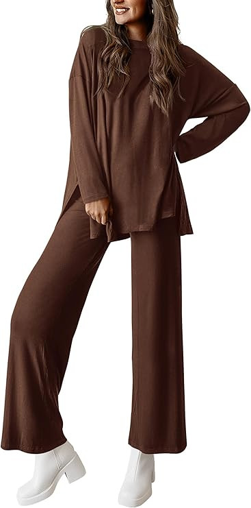 PRETTYGARDEN Women's Two Piece Lounge Sets Matching Long Sleeve Shirts Wide Leg Pants Tracksuits ... | Amazon (US)