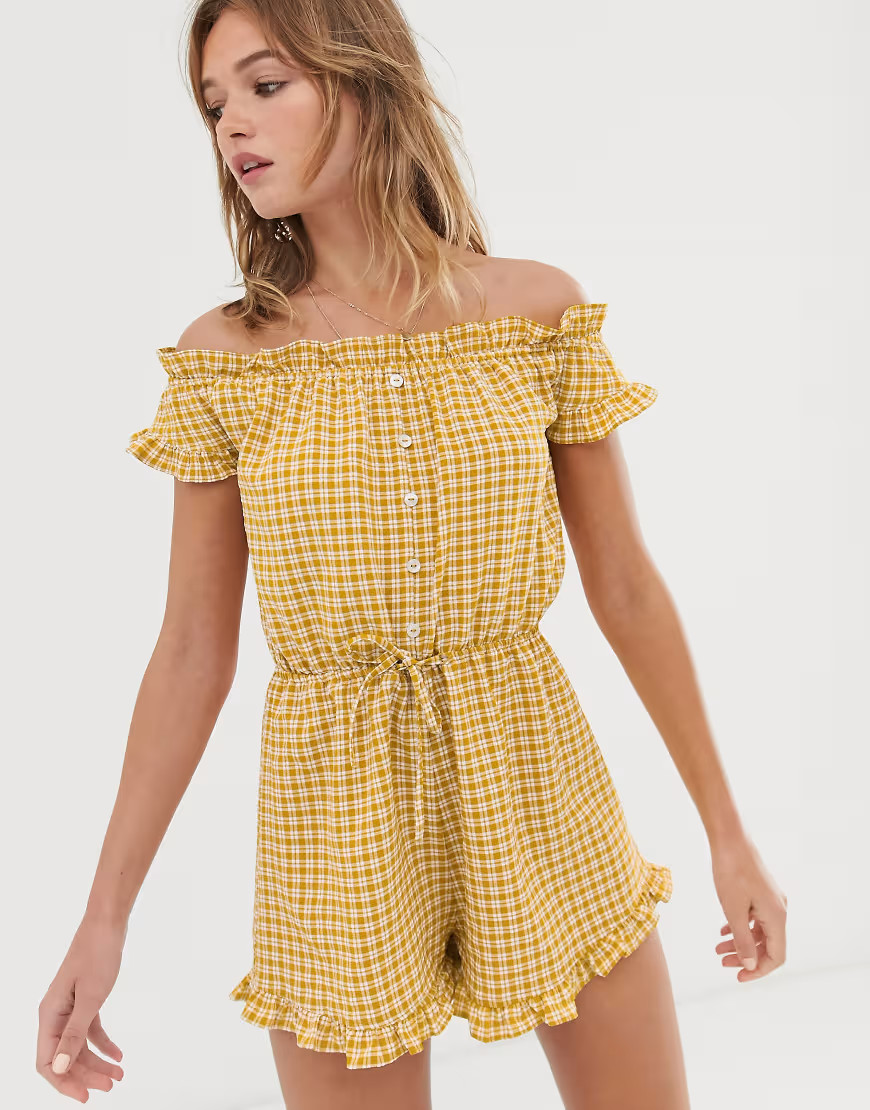 ASOS DESIGN Off shoulder check tie waist playsuit-Multi | ASOS (Global)