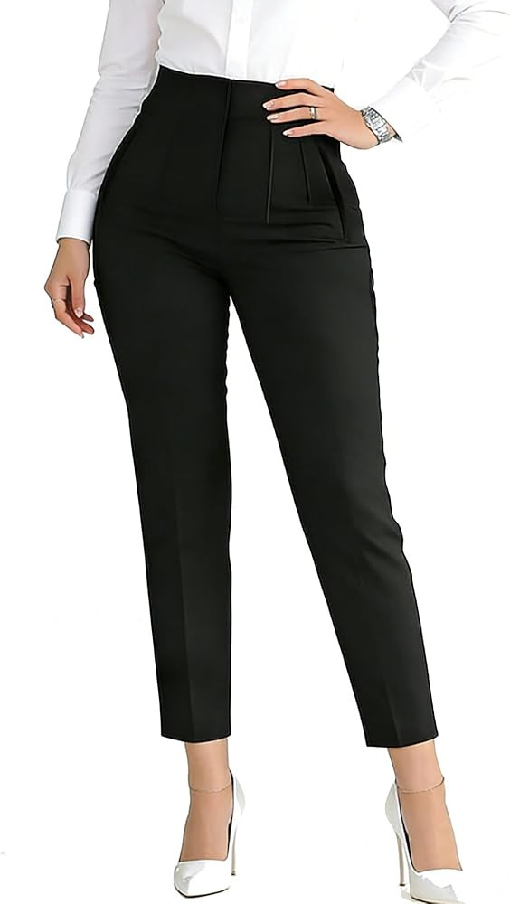 Womens Stretchy Dress Pants 2026 Trendy High Waisted Pleated Straight Leg Business Work Casual Tr... | Amazon (US)