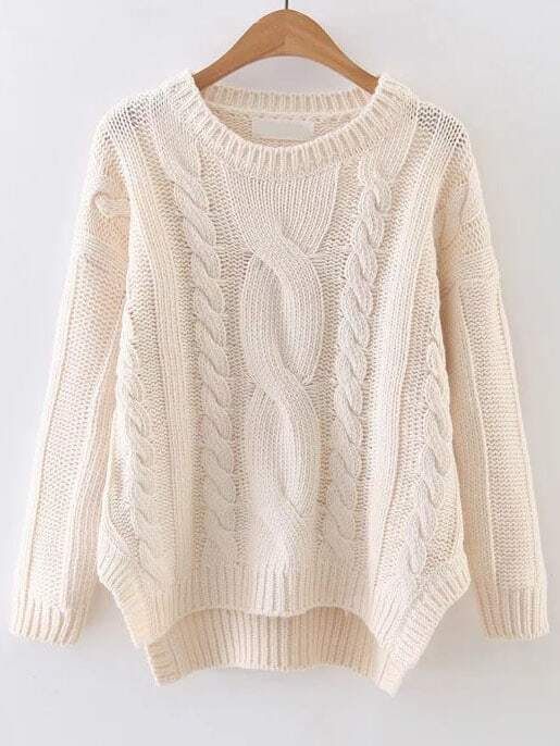 White Cable Knit Asymmetrical Hem Sweater | Romwe