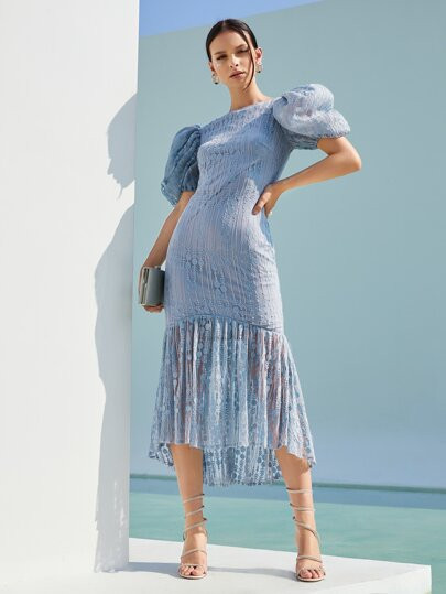 SHEIN Puff Sleeve Fishtail Hem Lace Dress | SHEIN