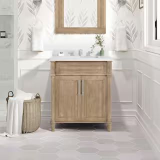 Aberdeen 30 in. Single Sink Freestanding Antique Oak Bath Vanity with Carrara Marble Top (Assembl... | The Home Depot