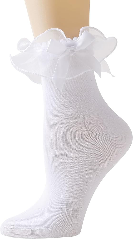 Women Lace Socks Ruffle Frilly Socks - Comfortable Cotton Cute Princess Lolita socks with Bow | Amazon (US)