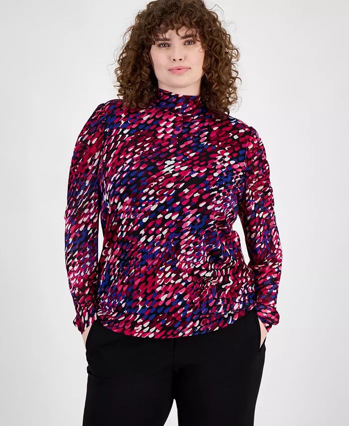 Plus Size Printed Gathered-Shoulder Mesh Top, Created for Macy's | Macy's