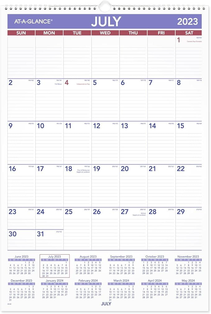 AT-A-GLANCE 2023-2024 Academic Wall Calendar, Monthly, 15-1/2" x 22-3/4", Large, Ruled Daily Bloc... | Amazon (US)