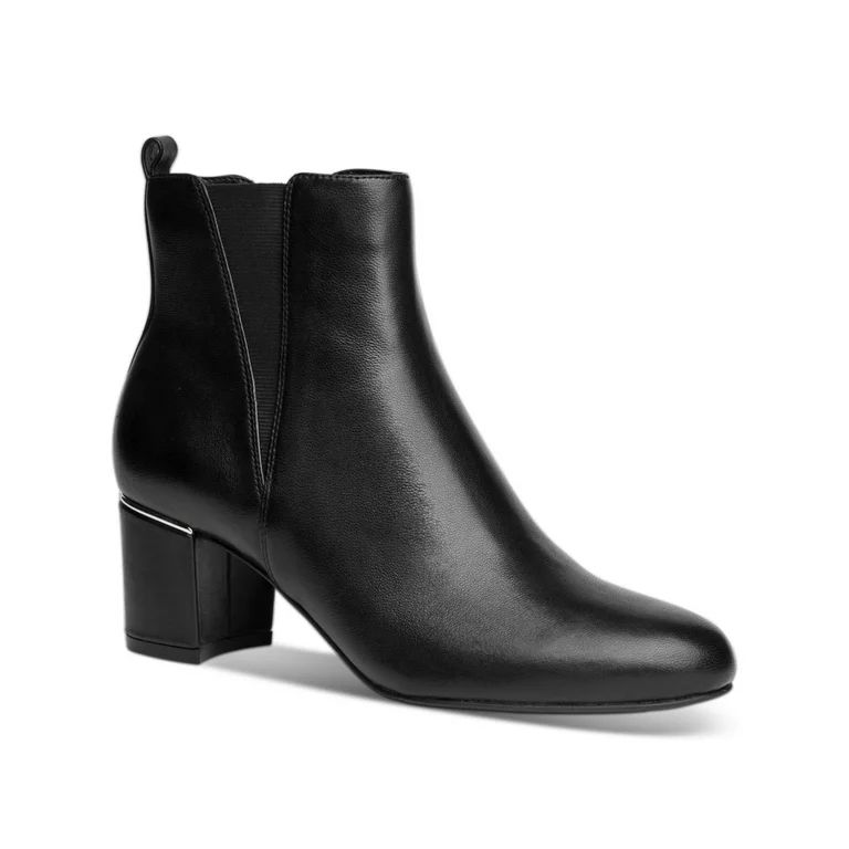 ALFANI Womens Black Heel Accent Cushioned Stretch Almond Toe Block Heel Leather Booties 6.5 | Walmart (US)