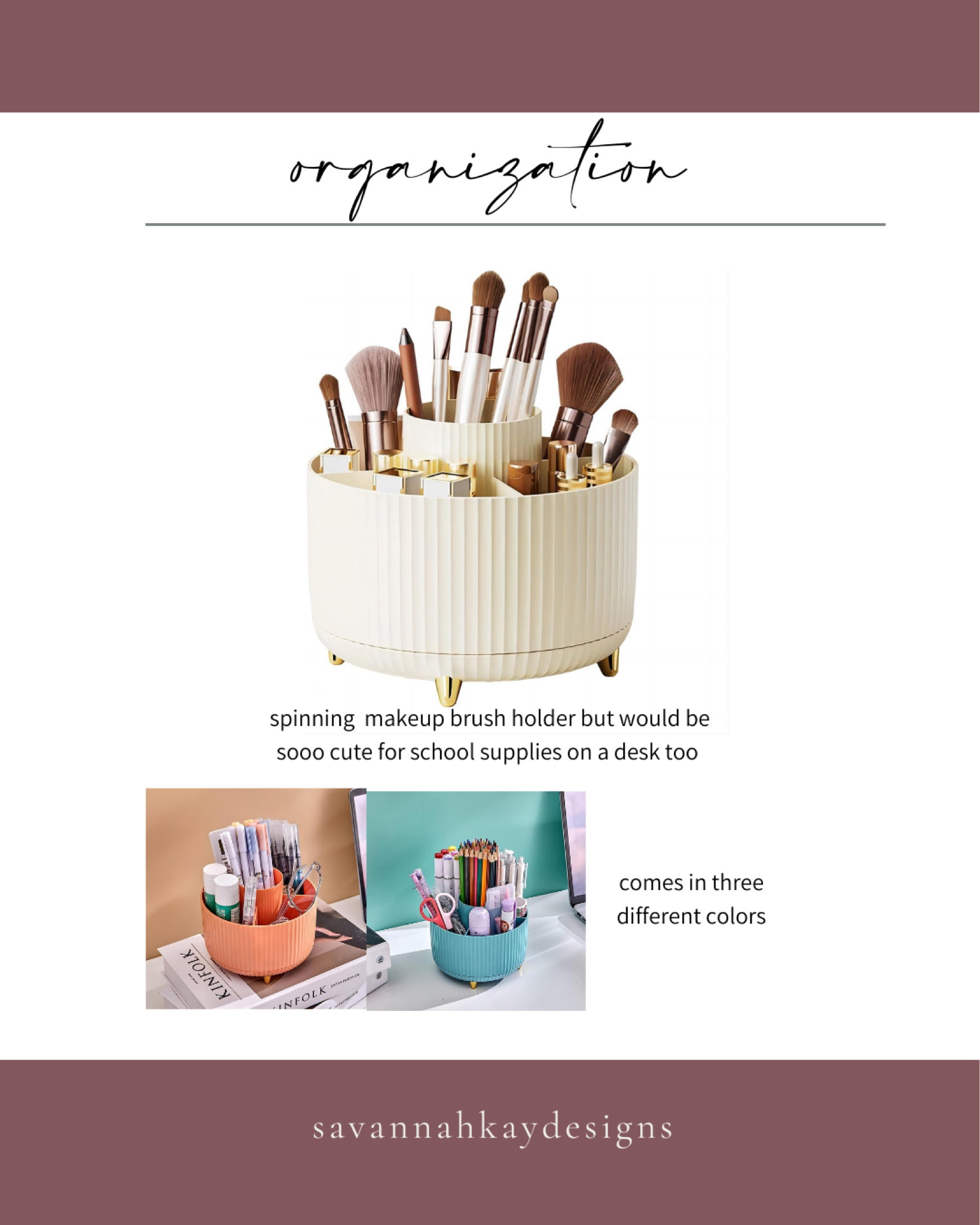 These organizers spin 360* and can be used for makeup brushes or would be adorable on a desk holding pens, scissors and other school supplies. #makeup #beauty #organization #backtoschool #supplies #amazon

#LTKbeauty #LTKBacktoSchool #LTKhome