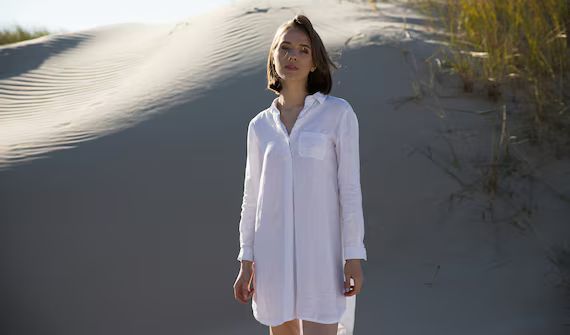 Washed Linen Tunic Shirt Dress in White Camila. Long Sleeves - Etsy Italy | Etsy (IT)