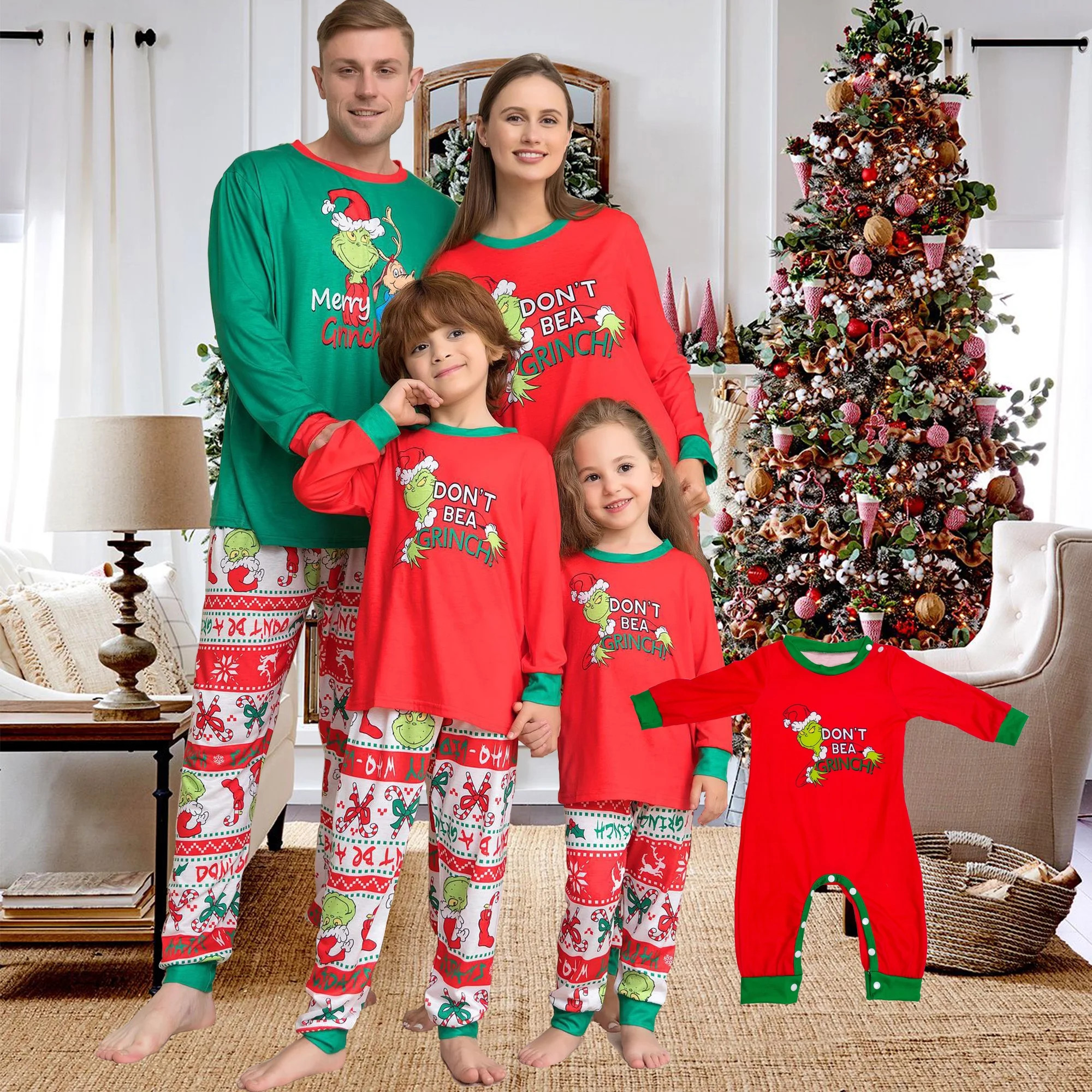 LUXI Merry Christmas Family Matching Pajamas Sets Plaid Deer Grinch Print Holiday Xmas Pjs Sleepw... | Walmart (US)