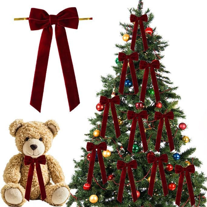 24 PCS Burgundy Christmas Tree Bows - Festive Red Bows for Christmas Tree Decoration, Wreaths, Ga... | Amazon (US)