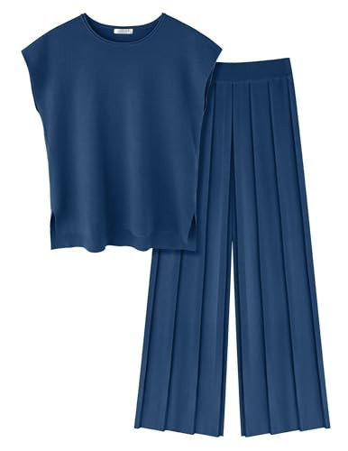 Ekouaer Lounge Sets for Women Two Piece Outfits Knit Cap Sleeve Tops Wide Leg Pleated Pants Casual Dressy Sweater Sets Indigo | Amazon (US)