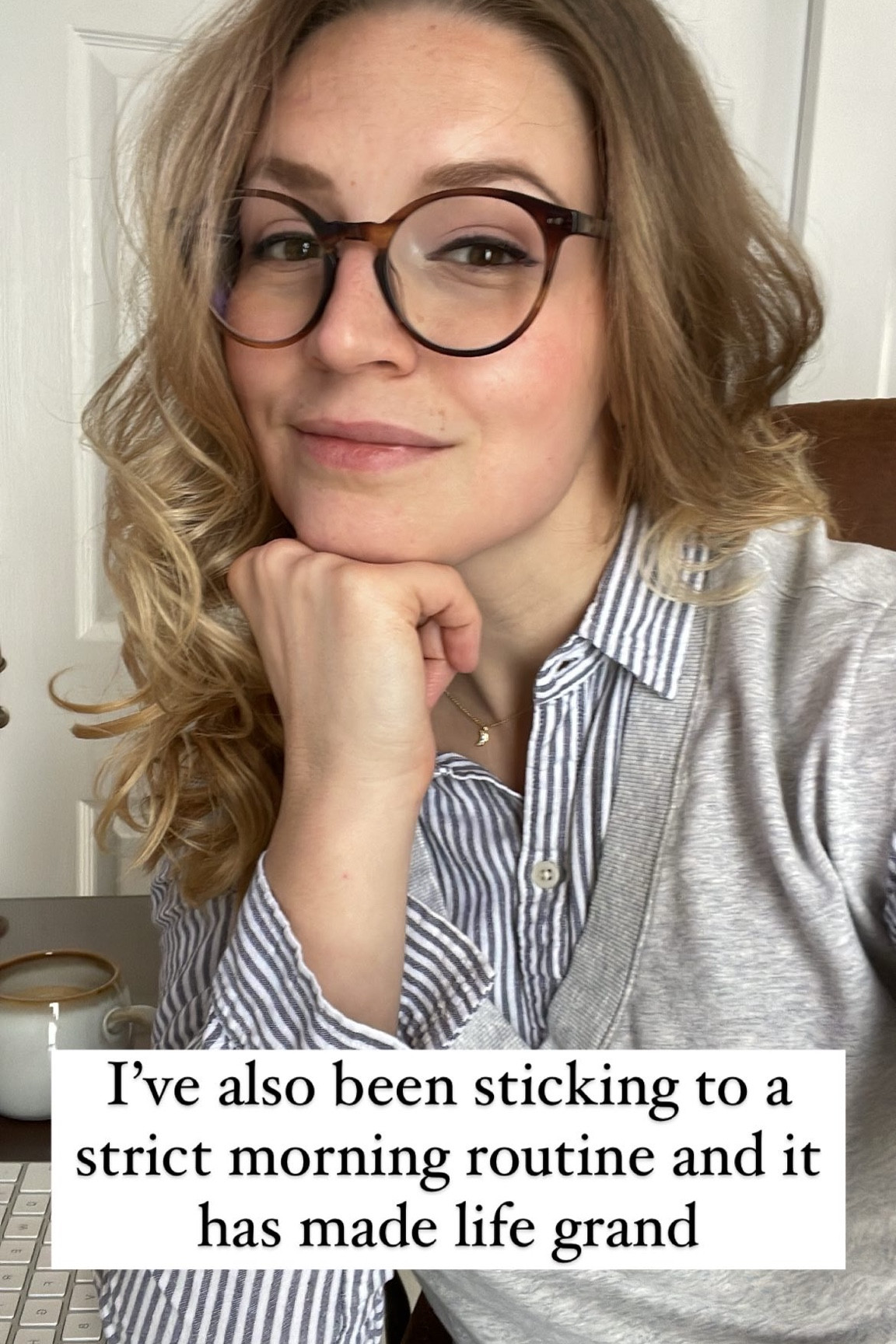 WFH look 💻 

Glasses, vest, blouse, button-up, mug, stoneware 

#LTKworkwear