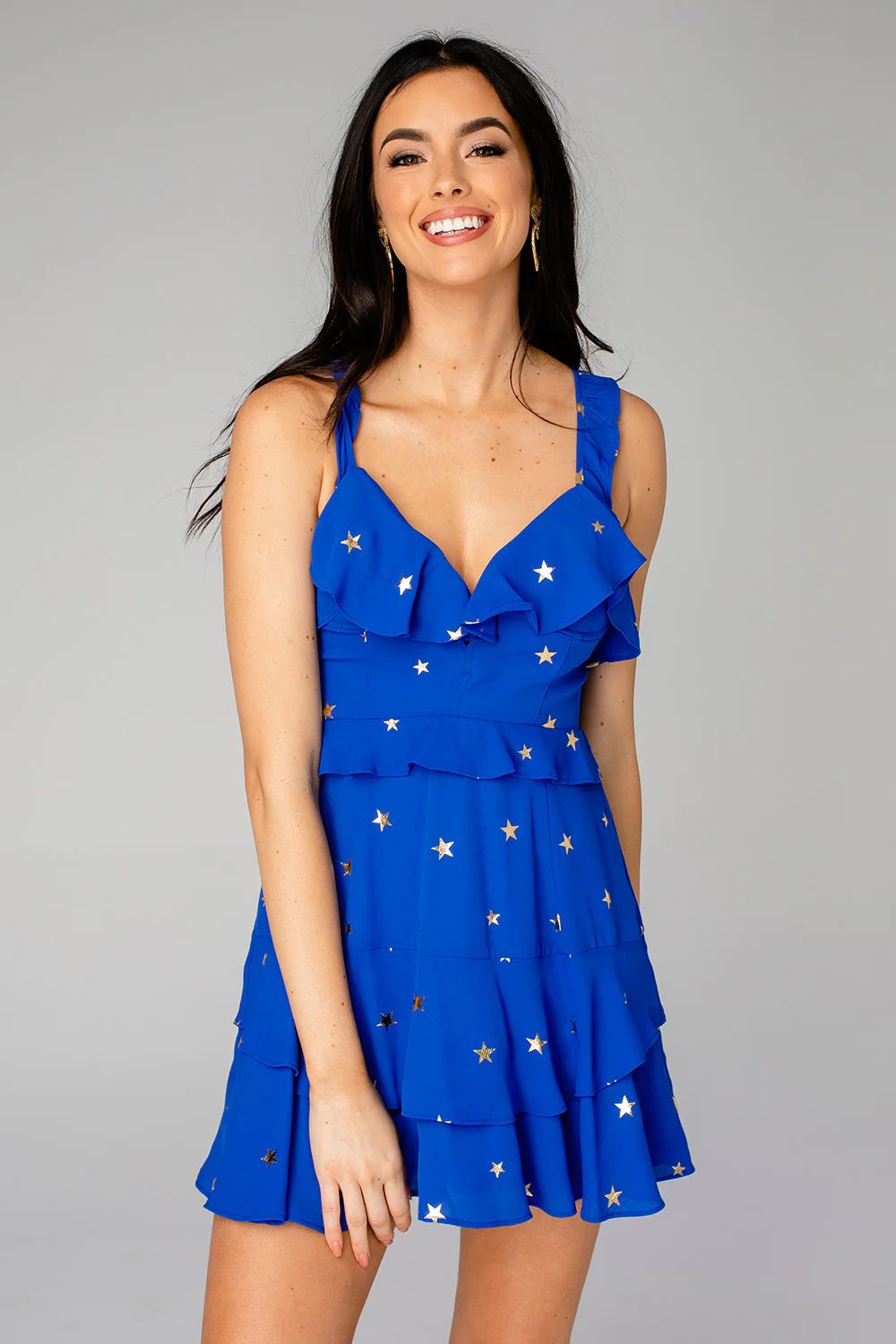 Julia Ruffled Mini Dress - Cobalt Stars | BuddyLove