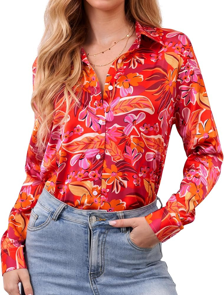 Wrinkle-Resistant Women Silky Button Down Shirts Fashion Printed Long Sleeve Blouse Dressy Casual... | Amazon (US)