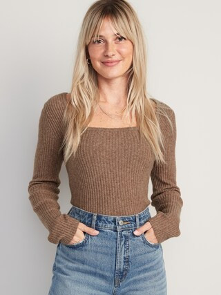 Fitted Heathered Square-Neck Rib-Knit Sweater for Women | Old Navy (US)